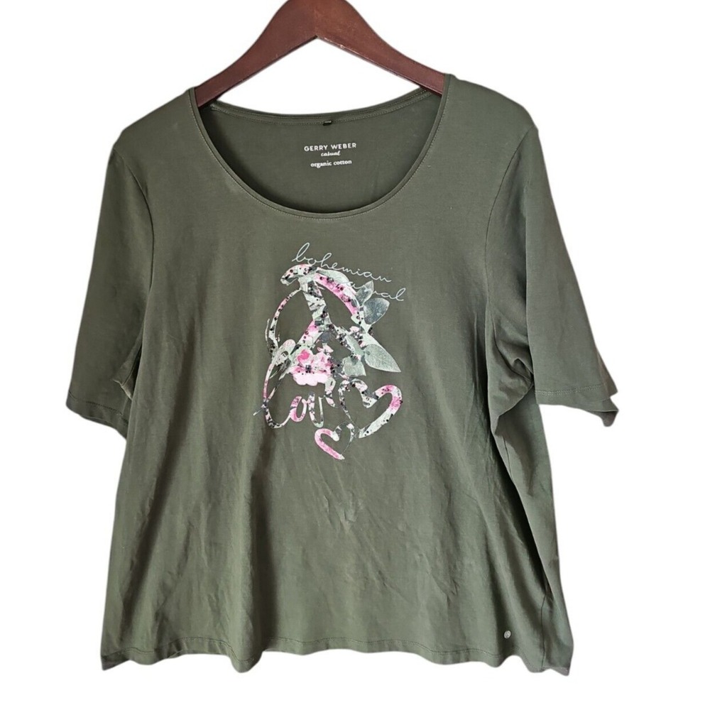 GERRY WEBER Casual Olive Green Organic Cotton Tee Short Sleeve Top Graphic 18 US